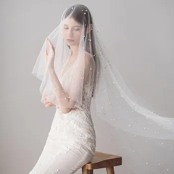 

White Ivory Pearl Wedding Long Cut Edge Bridal Veil with Comb Wedding Hair Accessories Bride Mantilla Wedding Veil