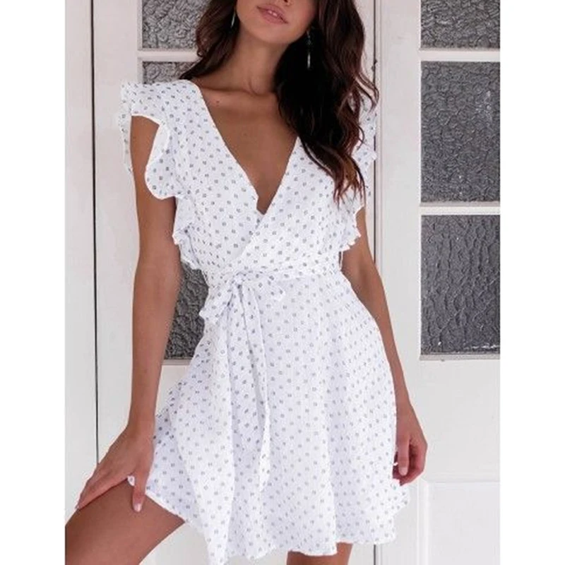 

Women Sexy V Neck Sleeveless Ruffles Polka Dot Slim Bandage Chiffon Dress Ladies Elegant Beach Boho Style Casual Dress SJ3512E