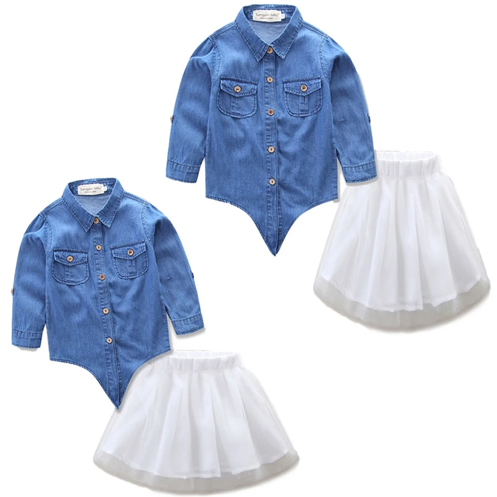 denim shirt and white skirt