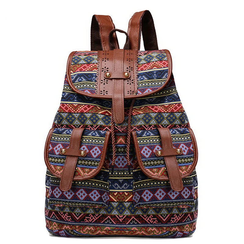 

Vintage Women Girls School Bag Bohemian Drawstring Printing Designer Canvas Cloth Backpack Female Traveling Shoulder Bag