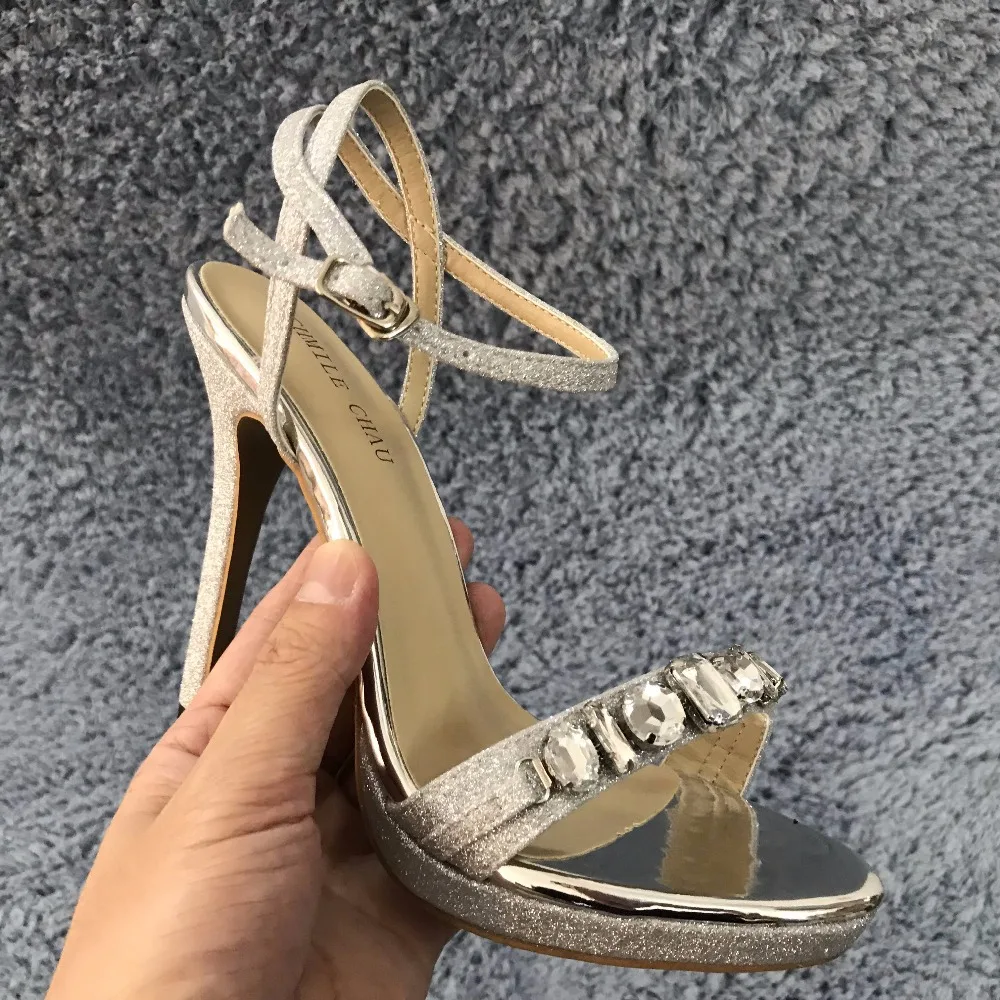 CHMILE CHAU/Серебристые блестящие женские туфли для свадебной вечеринки; сандалии с ремешками на лодыжках на шпильках; сандалии со стразами размера плюс; zapatos mujer; 0640ASL-a6