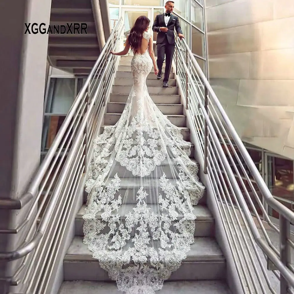 

Luxury Lace Mermaid Wedding Dress 2019 Sweetheart Cap Sleeves Backless White Dress Cathedral Train Gelinlik Vestido De Noiva