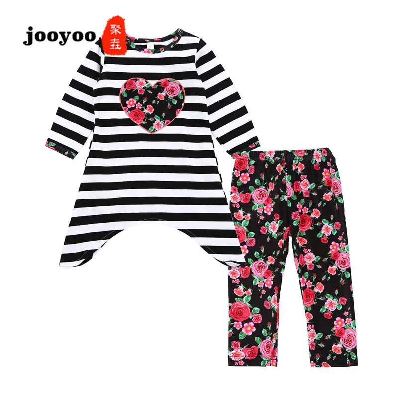 

Children's Clothing Spring and Autumn Girls Suit Love Striped Dress + Floral Leggings Two-piece Suit jooyoo