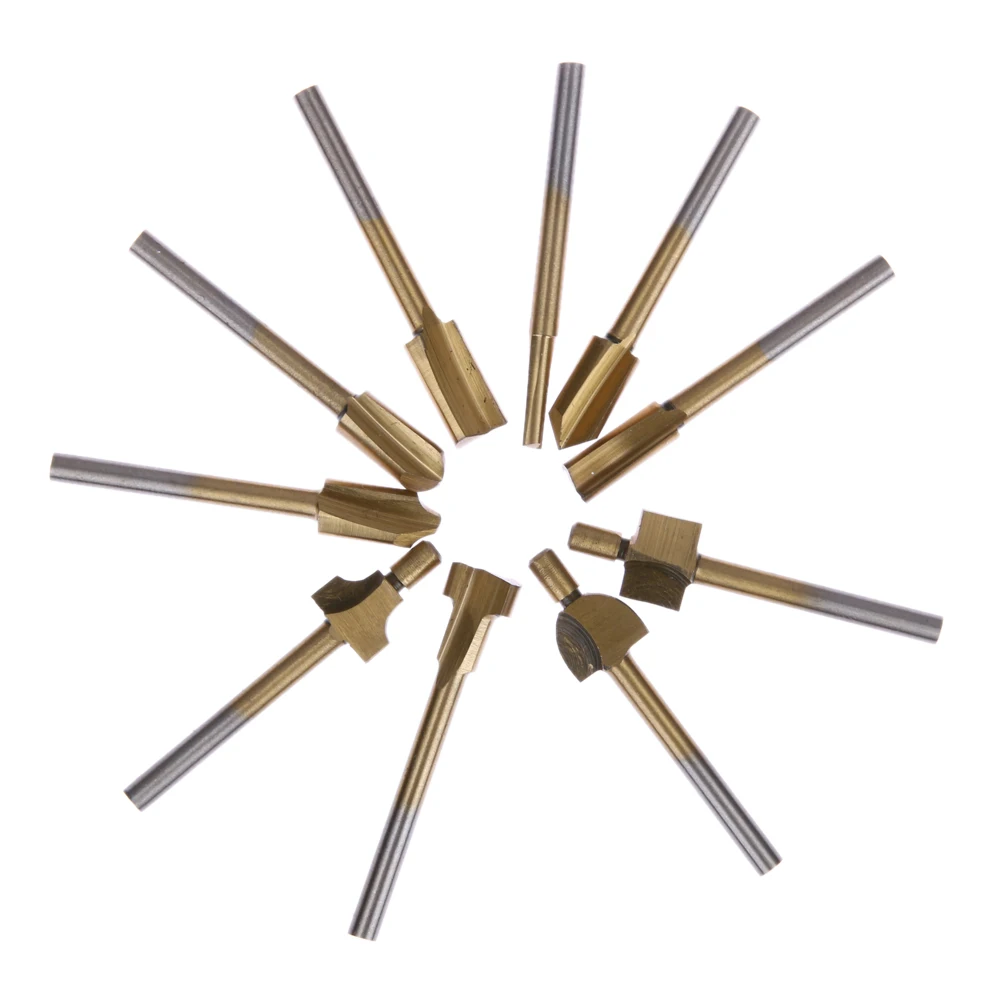 NEW 10pcs Set 3mm 1/8" HSS Wood Router Drill Bits Files Titanium Coated