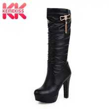 KemeKiss/женские сапоги до колена на толстом каблуке Женская обувь на платформе со складками и бантом модные осенне-зимние сапоги, размер 31-45