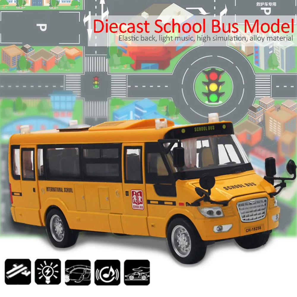 

Diecast Alloy School Bus Model 5 Openable Doors / Music / Light / Pull Back Function Toy Car for boy and girl gift children kids