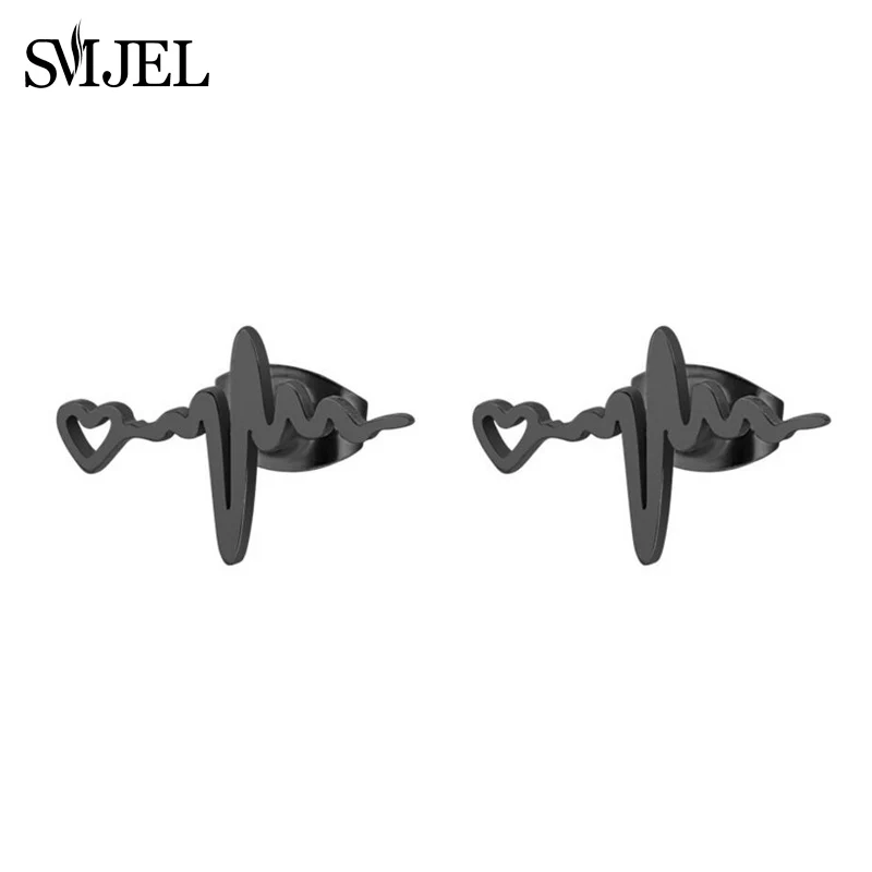 

SMJEL Black Earings Stainless Steel Heart Studs Wave Heart Jewelry ECG Doctor Nurse Gifts Women Heartbeat Earrings bijoux