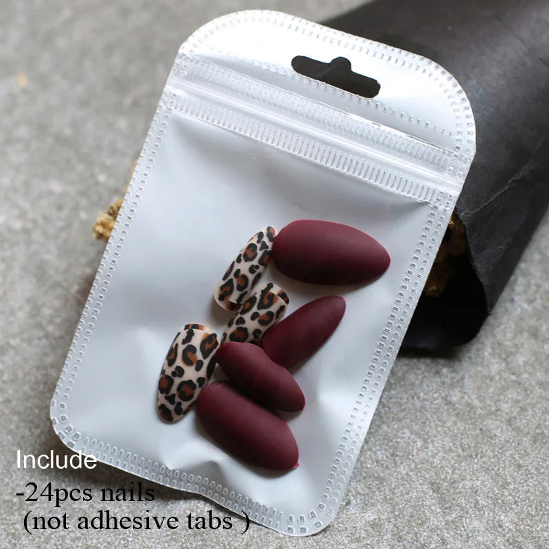 Матовый черный миндальный Леопардовый принт, модный скраб для ногтей, бордовый тигр, телесный, Поддельные шпильки для ногтей, 24 шт., полный набор, искусственные ногти - Цвет: Tiger01