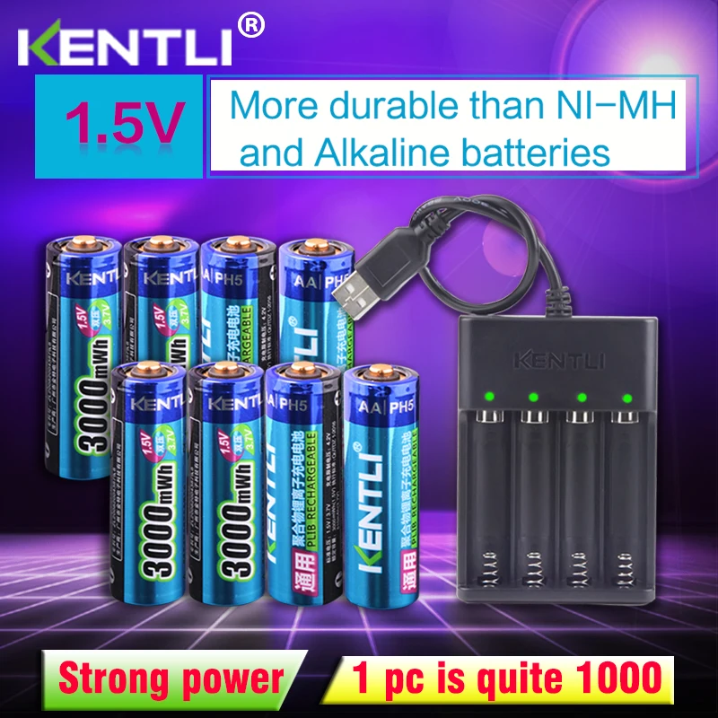 Cena KENTLI 8 sztuk 1.5v 3000mWh AA akumulator litowo polimerowy litowo jonowy bateria litowo polimerowa + 4 gniazda inteligentna ładowarka na usb