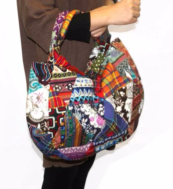 Hippie Handmade Shoulder Tote Bag Boho Red Patchwork   (2)