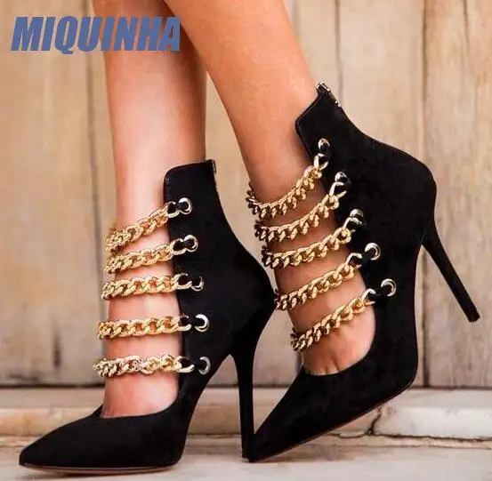MIQUINHA Gold Chain Straps Women Gladiator Pumps Fashion Suede Leather Ladies Sexy High Heels Zipper Back Dress Shoes