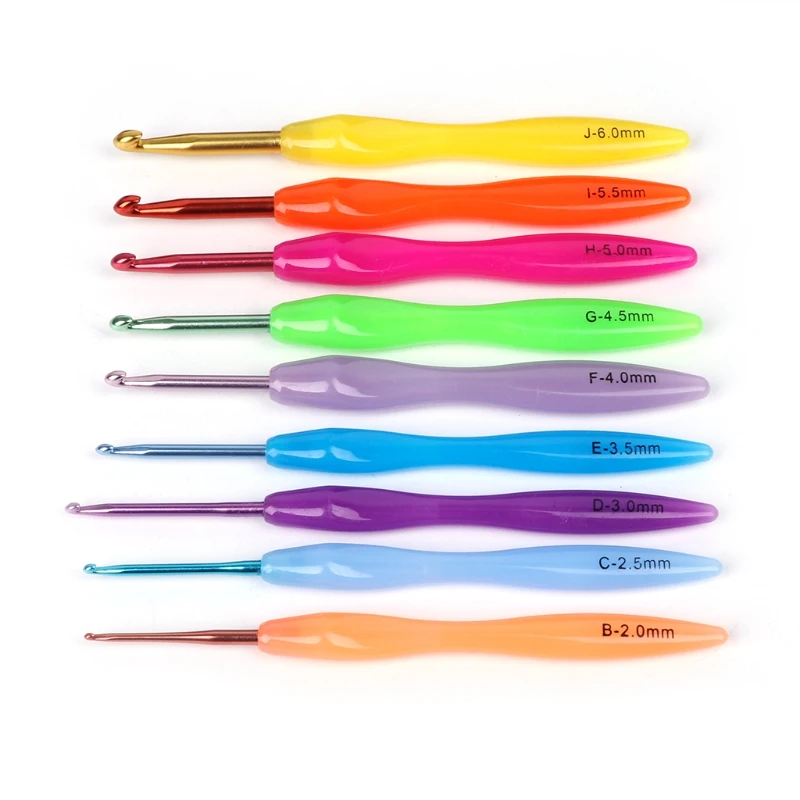 

9pcs /1Set Plastic Handle Aluminum Crochet Hooks Knitting Needles Kit Multicolor -m15