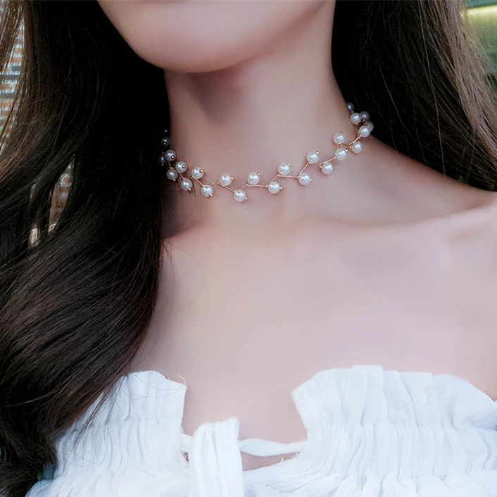 Multi Strand Beaded Choker Necklace Trendy Women Pearl White Statement Necklace