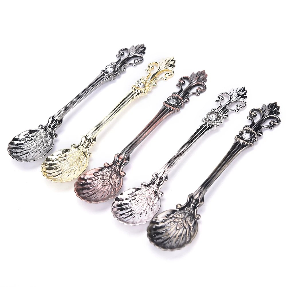9.8 cm stainless steel Mini Dessert Spoon Vintage Bronze Carved Coffee