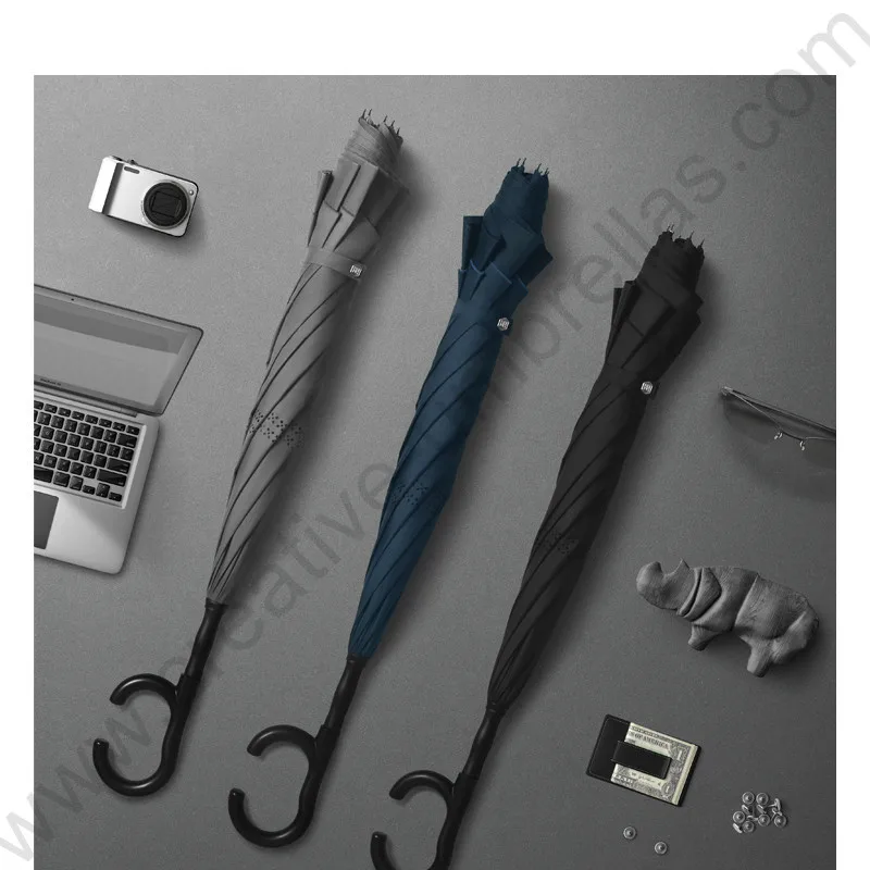 

2pcs/lot 113cm auto open C-Hook Reverse hands-free business umbrella enlarge Layer Inverted standing parasol with shoulder belts