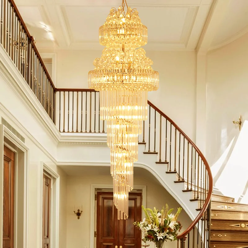 Современные длинные хрустальная люстра светодиодный свет американский золотой K9 хрустальные люстры огни приспособление лестницы путь