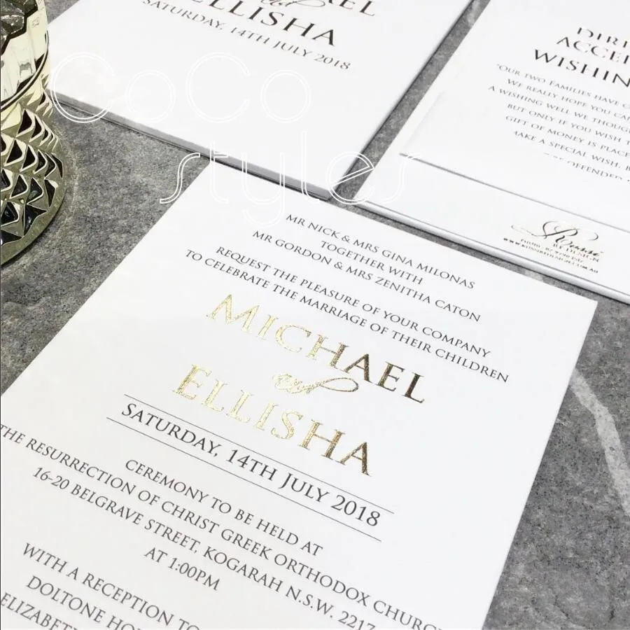  Cocostyles personalized elegant single hardcover wedding invitation with gold foiling for modern we - 32878416358