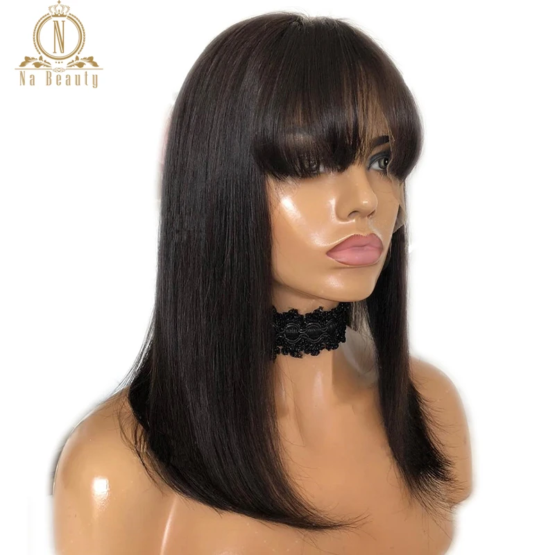 Lace Front Short Bob Wig 13*4 Peruvian Human Hair Wigs With Bangs Remy Baby Hair Full End For Women Straight Natural Black Hair