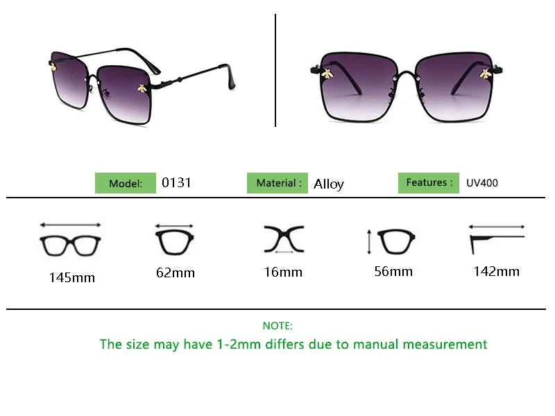 Квадратные Солнцезащитные очки Bee, женские, модные,, роскошные, брендовые, дизайнерские, оттенки, черная металлическая оправа, градиентные, ретро очки, мужские очки, UV400