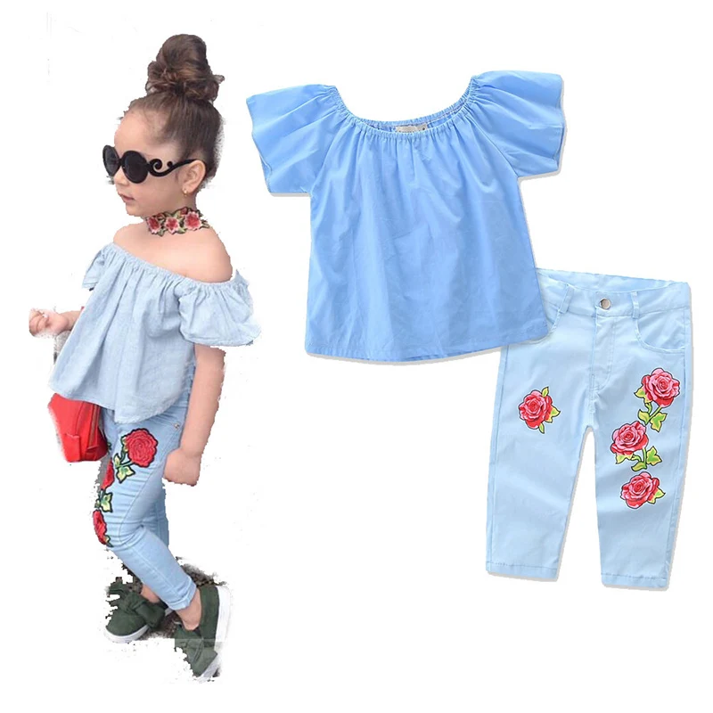 Летняя модная детская одежда комплект Дети девушка с плеча топ + джинсовые штаны 2018 одежда для маленьких девочек комплекты