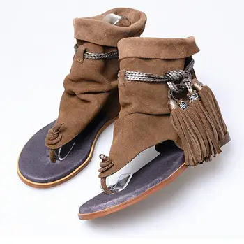 

High Quality Brown Suede Women Flip-flops Tassel Flat Casual Slippers Height Increasing Fringe Flip Sandals Free Ship