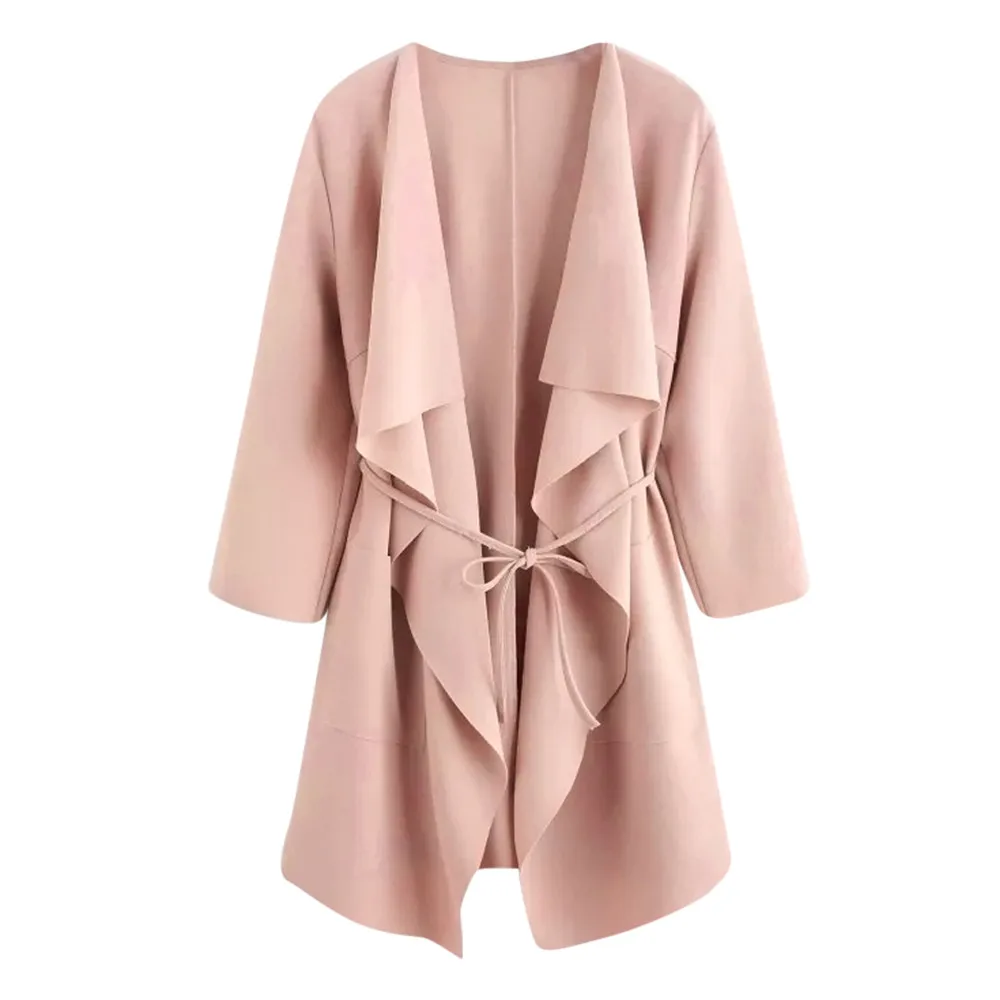 Autumn Winter coat women casual New Fashion Coat Casual Waterfall Collar Pocket Front Wrap Coat Jacket Outwear Y718
