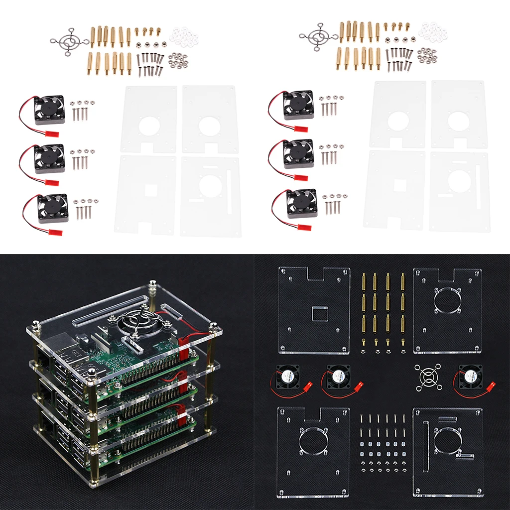 2x Acrylic Stack Case Enclosure Open-Air Dog Bone + Fan for Raspberry pi