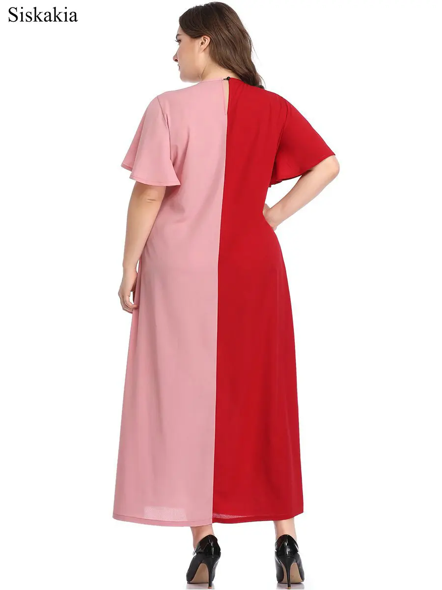 Siskakia Vintage Contrast Color Patchwork Dress For Women Mesh V Neck Flare Sleeve Red Ladies Dresses Plus Size Casual Clothing (6)