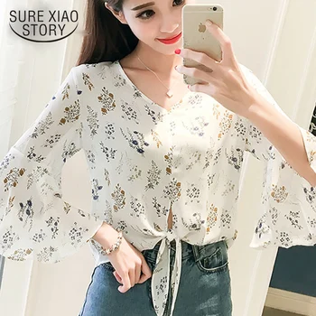 

2019 Summer half sleeve print chiffon women tops fashion 2019 v collar women blouse shirt white women's clothing blusas D780 30
