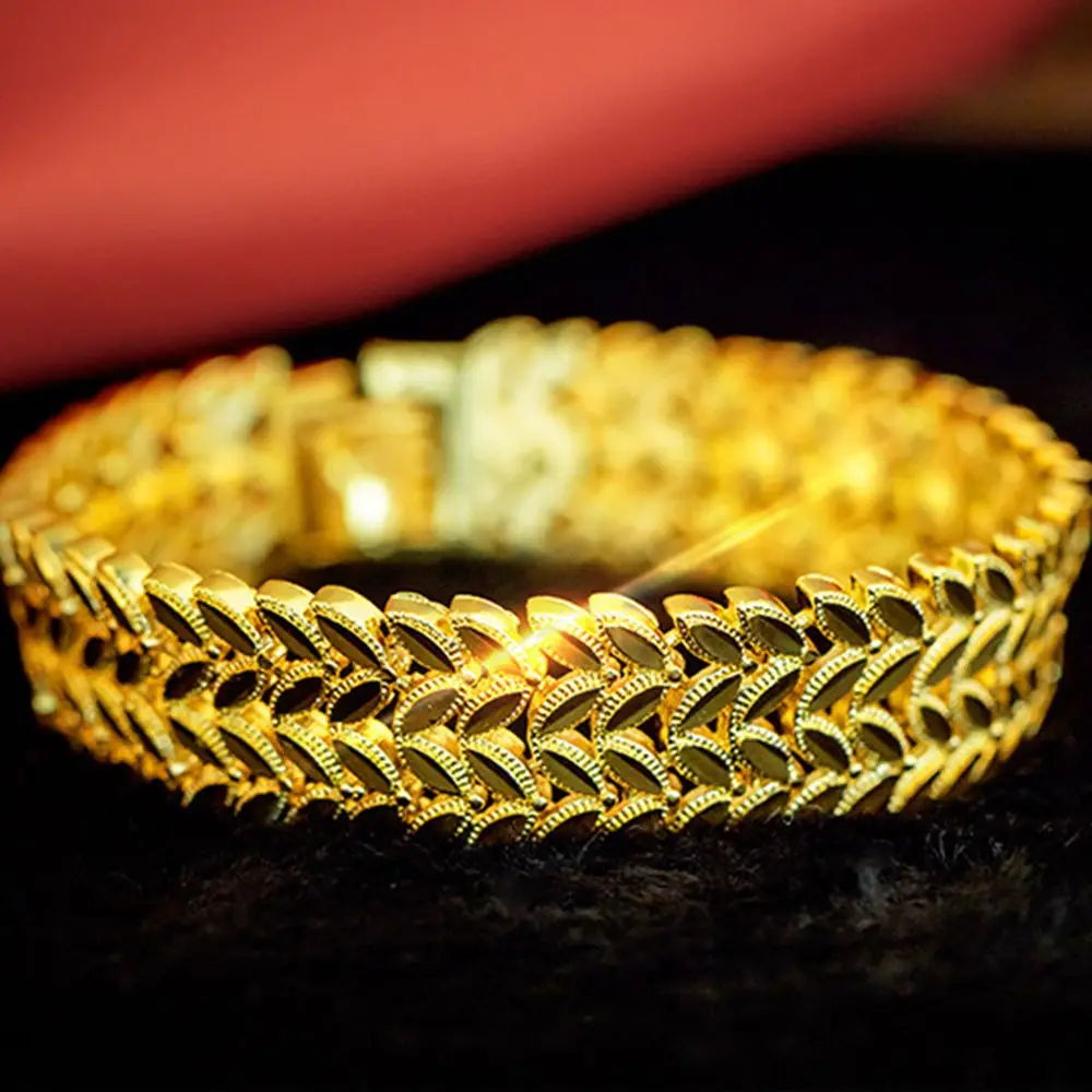 

17mm Wide Wrist Bracelet Chain Leaf Design Yellow Gold Filled Classic Womens Mens Bracelet 7.87 Inches Long