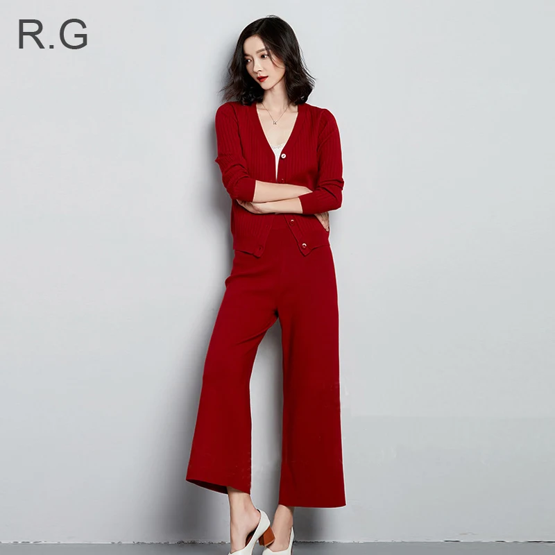 RG Elegant Sweater Pant Suits 2 Piece Set Women Casual V Neck Knitting
