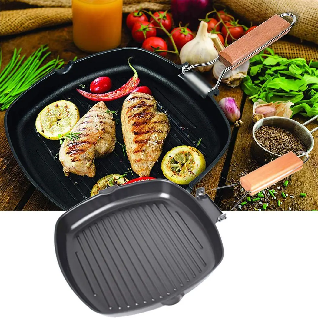 

Folding Handle Nonstick Steak Grill Pan Frying Pan Cookware Kitchen Tool