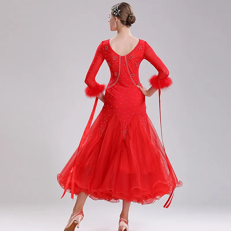 White Feather Rhinestones Ballroom Dance Competition Dresses Waltz Dance Costumes Ballroom Dress Standard Wear Women