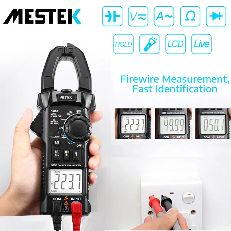 

MESTEK CM80 Digital Clamp Meter True RMS Multimeter 5999 Counts AC/DC Volt Amp Ohm Capacitance Frequency NCV Diode Tester Sale