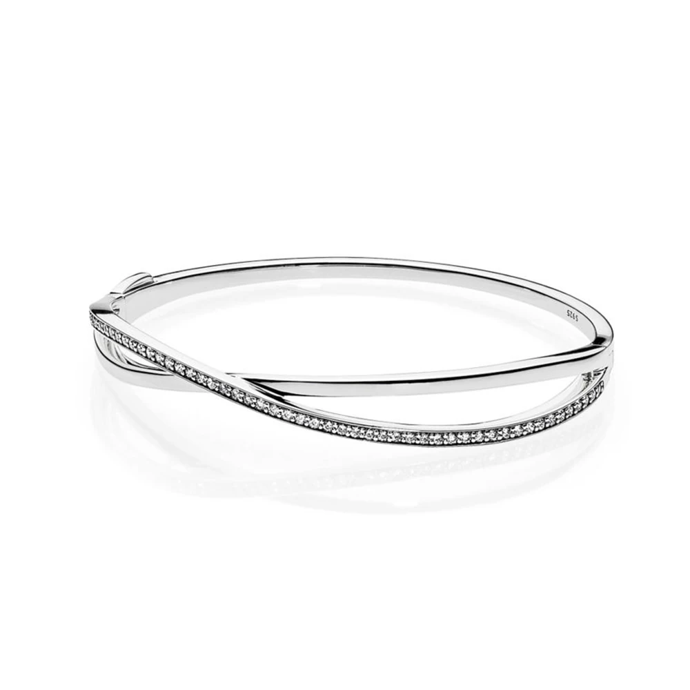 

2018 New 100% 925 Sterling Silver Bracelet Entwined Bangle Clear CZ Charm Bead for Fashion Women DIY Gift Jewelry