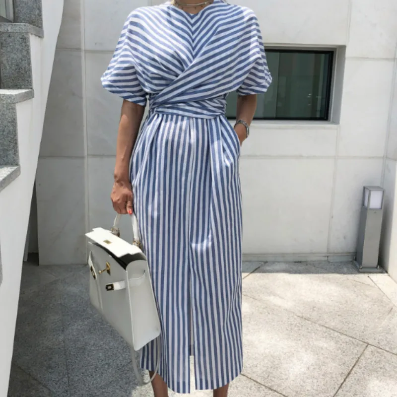 

Neploe Striped Cross Dress Women Summer 2019 New Arrival O-Neck Short Sleeve Vestidos Retro French Drawstring Split Robe 43911