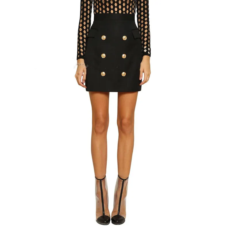 

High Quality 2018 Luxury Brand Autumn Woman Skirts High Waist Hip Metal Double-Breasted Slim Skirt Holiday and Vacation Skirts