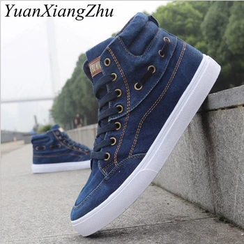 

British Style Fashion Vintage Denim Jean Canvas Shoes Men High-top Casual Man Ankle Boots Flat Shoes Usual School Boy Footwear