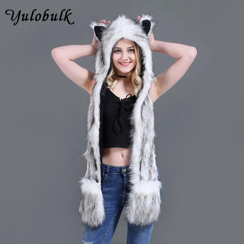 Faux Fur Hood Scarf Animal Hat Ear Flaps Hand Pockets 3 in 1 Animal