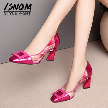 

ISNOM Patent Leather Pumps Women Square Toe Footwear Transparent Print Pvc Pearl Shoes Female High Heels Shoes Woman Spring