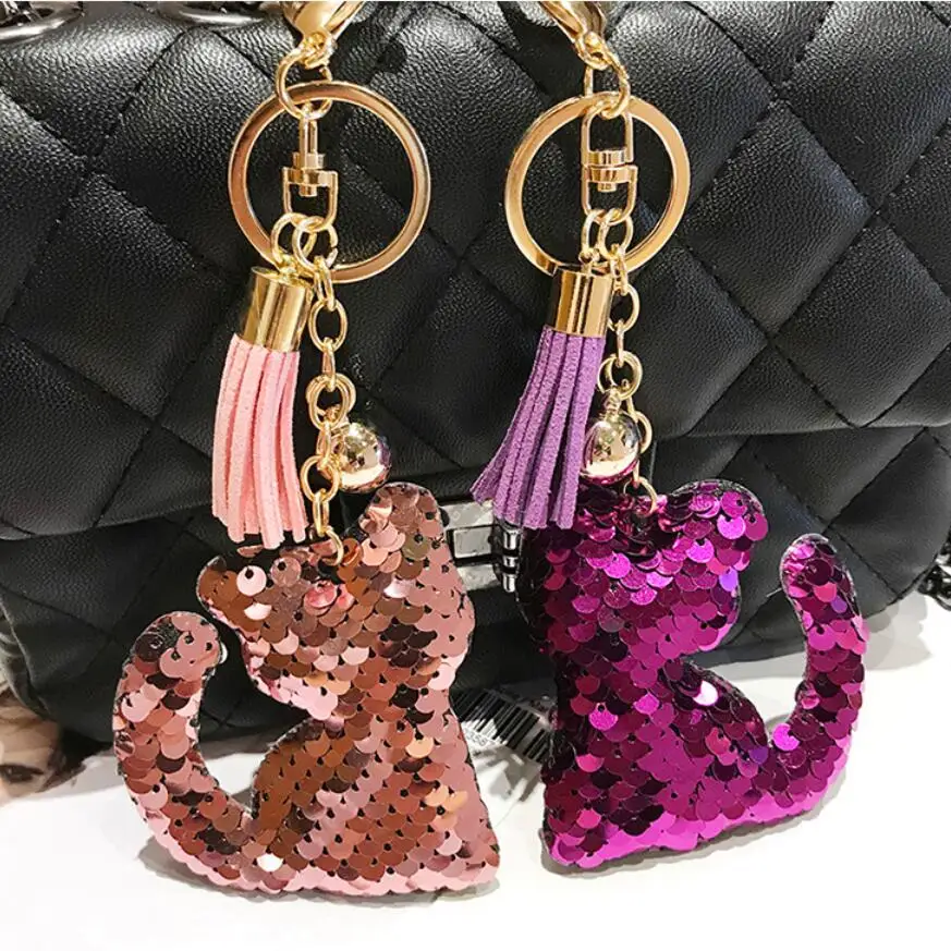 2pcs/lot Women Mermaid Sequins Keychain Animal Cat Unicorn Tortoise Pattern Key Chain Sequin Handbag Keyring Bag Accessories | Украшения и