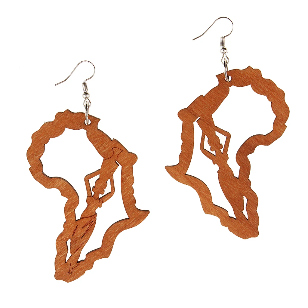 Retro Ethnic Natural Women Girl Wooden African Map Tribal Drop Hoop Earring 