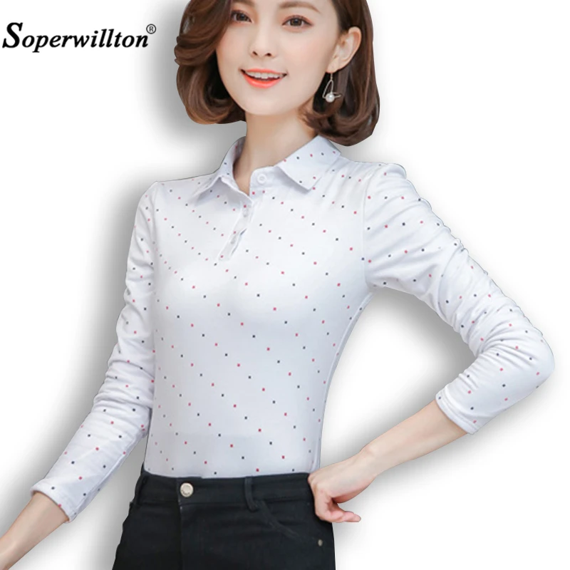 

Loose Plus size S-3XL New 2019 Autumn Winter Women polo shirt Long sleeves Top Polo Shirt Casual Shirts Polka Dot printed Polos