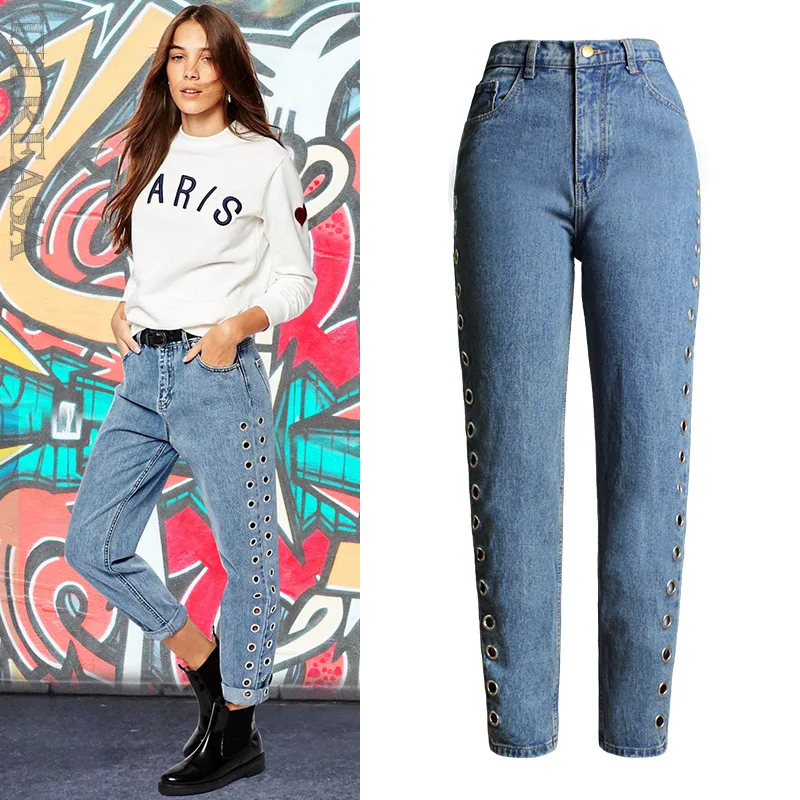 2018 novio suelto Jeans mujeres Streetwear pantalones hueco remaches de Metal Pantalon mujer Vintage Denim Pantalones femenina|ripped denim pants|boyfriend styleripped denim - AliExpress