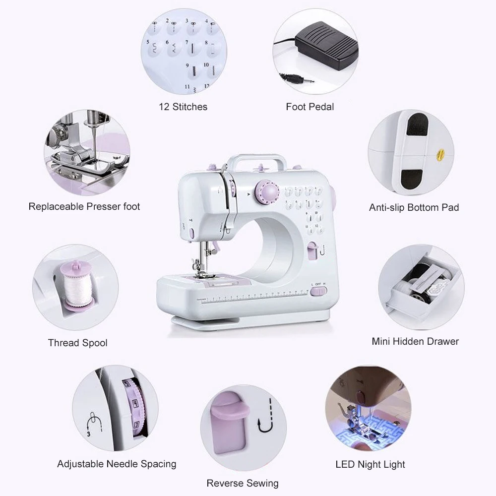 

Newest Multifunction Double thread Mini Sewing Machine with 12 Stitches patterns Built-in night light Replaceable Presser Foot