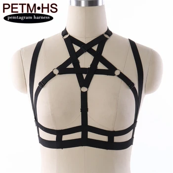 

Womens Sexy Pentagram Harness bra adjustable Elastic Black Strappy Tops Bustier Bondage Goth Punk Fetish Exotic Burlesque wear