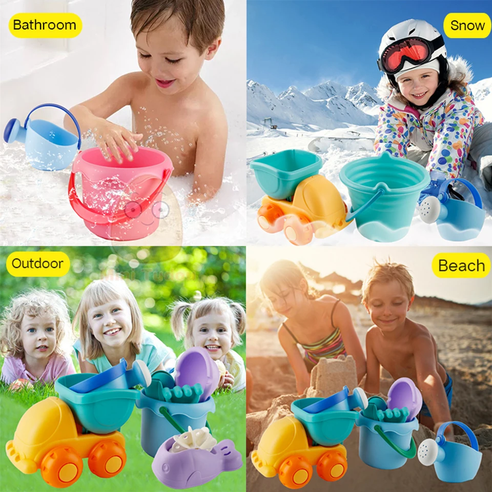 Summer Silicone Soft Baby Beach Toys Kids Mesh Bag Bath Play Set Beach Party Cart Ducks Bucket Sand Molds Tool Water Game