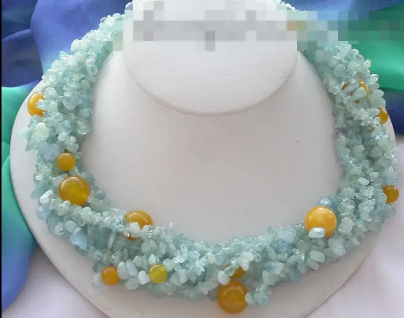 

3459 Aquamarin detritus round yellow jade bead necklace