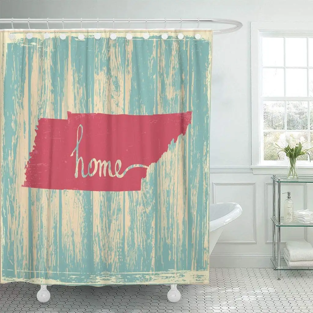 Fabric Shower Curtain with Hooks Map Tennessee Nostalgic Rustic Vintage