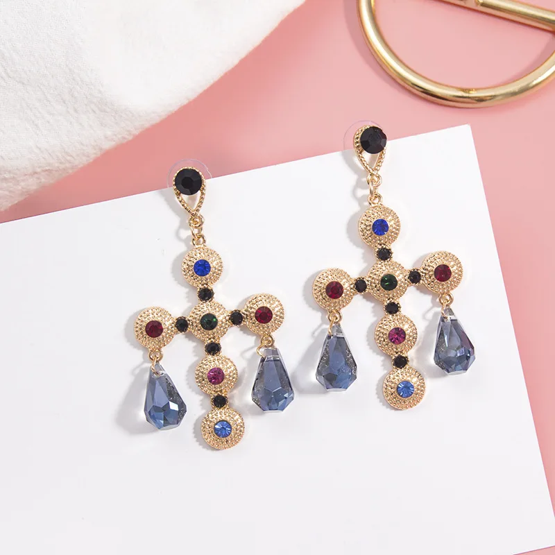 

New Stylish Crystal National Geometric Pendant Earrings Bohemian Baroque Style Crystal Cross Tassel Earrings Elegant For Women